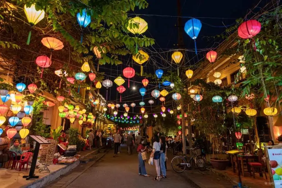 Hoi An Ancient Town street lit by silk lanterns at night